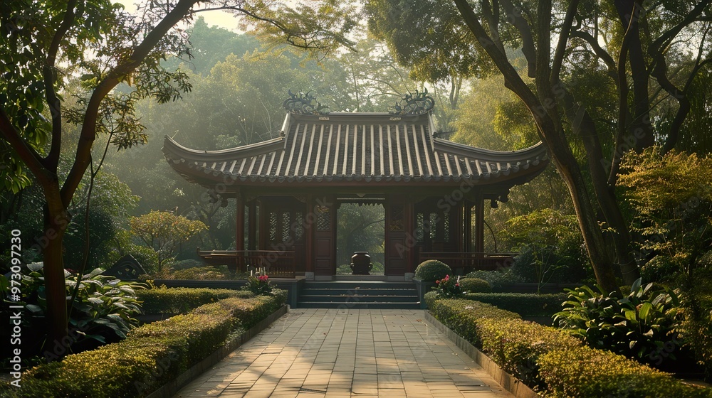 Traditional Chinese pavilion with a stone path leading to it, surrounded by lush greenery. Traditional Chinese pavilion with a stone path leading to it, surrounded by lush greenery.