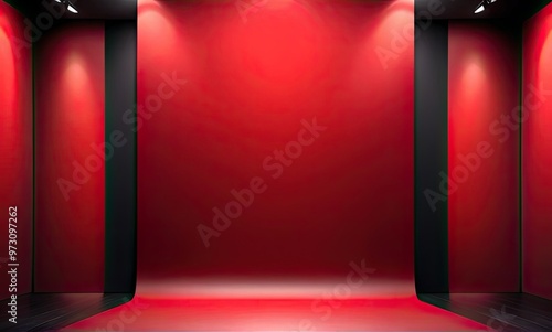 A rich red backdrop with golden curtains framing the stage photo