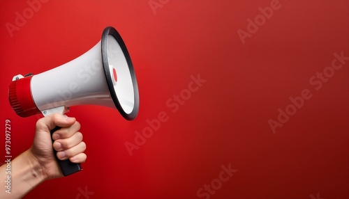 person shouting through megaphone. Hand holding a megaphone announces sales and discounts. Marketing and commercial concept banner with copy space, made with Generative Al.