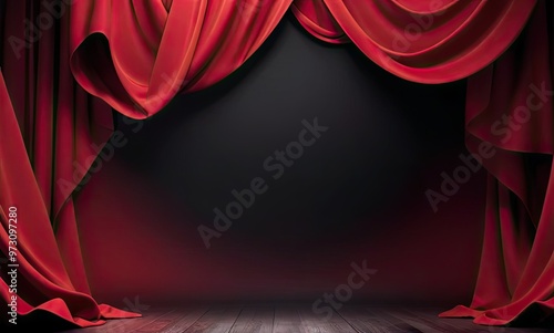 A stage with deep red curtains pulled to the sides and spotlights beaming down. photo