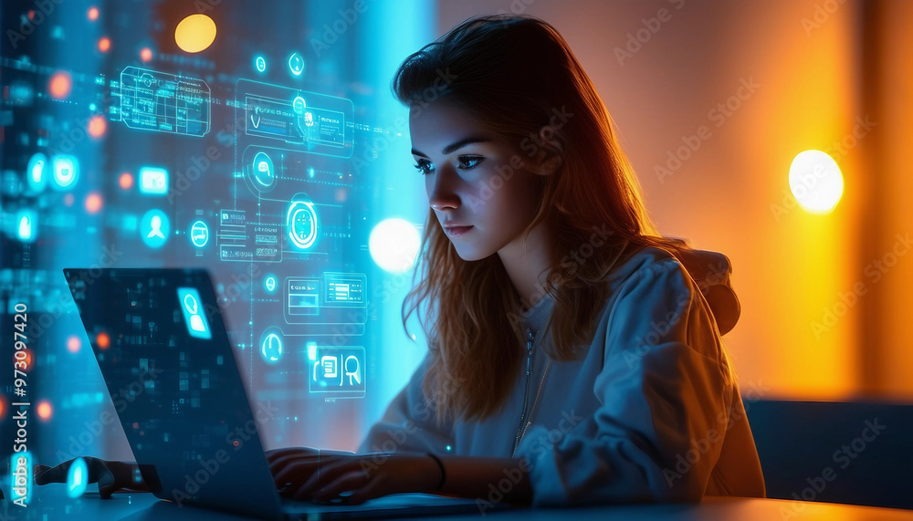 A young woman working intently on a laptop, with a futuristic digital interface floating around her A young woman working intently on a laptop, with a futuristic digital interface floating around her