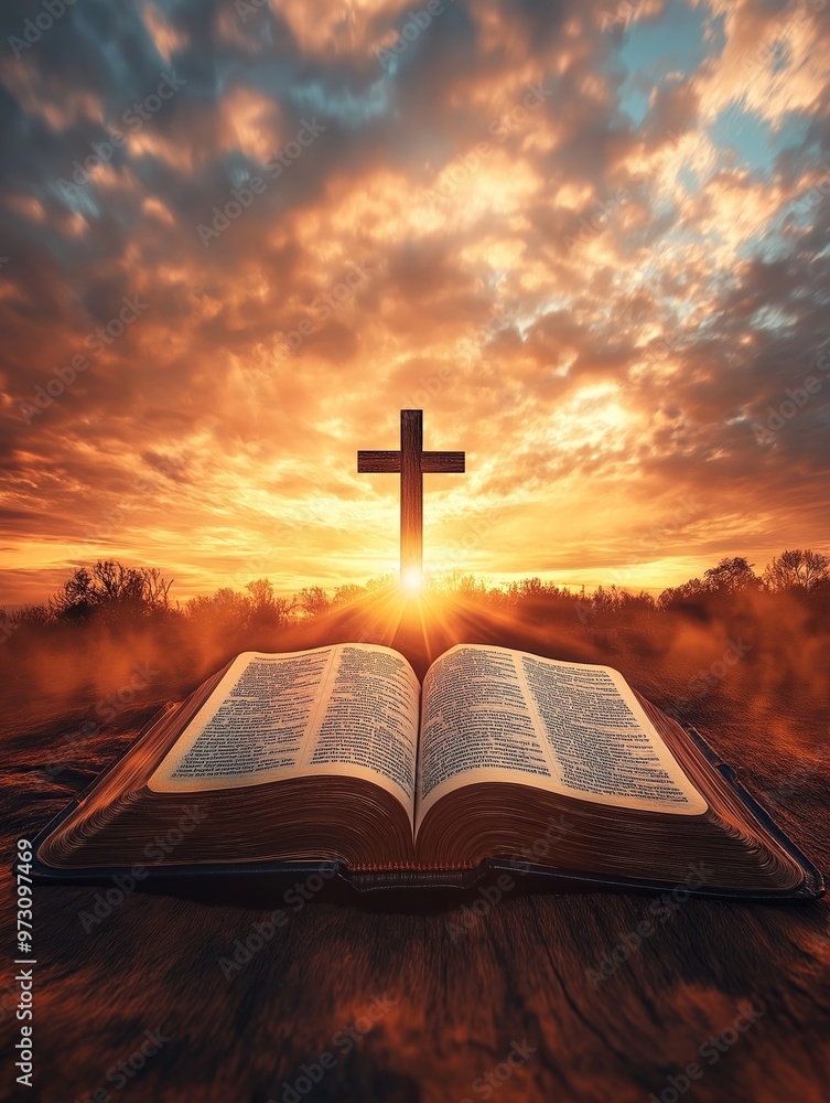 Bright sunlight, bible and holy jesus christ cross silhouette Bright sunlight, bible and holy jesus christ cross silhouette