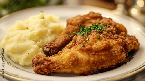 Golden, crispy fried chicken with a juicy interior, served with a side of creamy mashed potatoes