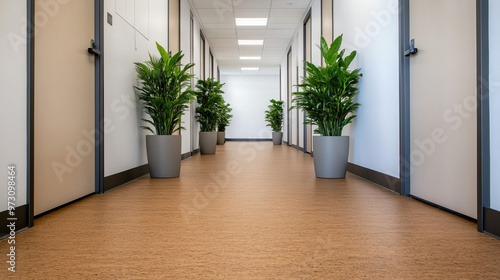 Modern hallway featuring potted plants and bright lighting  creating a welcoming atmosphere for visitors and employees.
