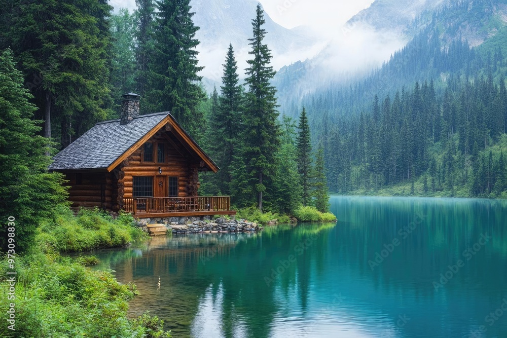 Scenic view of a log cabin by a tranquil lake surrounded by lush evergreen trees and misty mountains in the background. Scenic view of a log cabin by a tranquil lake surrounded by lush evergreen trees and misty mountains in the background.