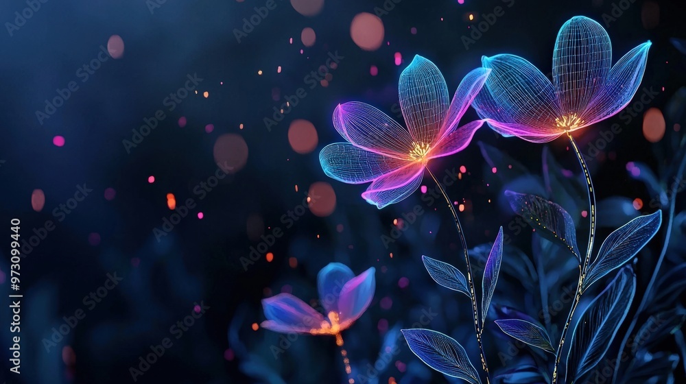 Vibrant digital flowers with glowing petals and colorful bokeh, creating a magical and enchanting atmosphere. Vibrant digital flowers with glowing petals and colorful bokeh, creating a magical and enchanting atmosphere.
