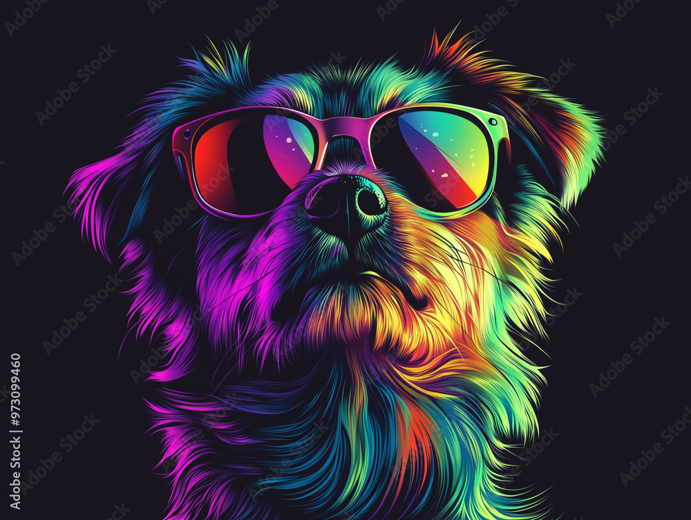 Colorful Synthwave style cute dog with sunglasses, dark black background, Portrait, digital illustration ai art style. synthwave dog. Illustrations
Colorful Synthwave style cute dog with sunglasses, dark black background, Portrait, digital illustration ai art style. synthwave dog. Illustrations