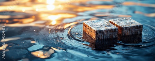 A set of 3D letters with a waterlike texture, appearing as if they are floating on a calm pond, reflecting light in a mesmerizing way, photo