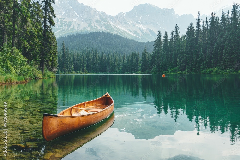 Fototapeta premium A crystal-clear lake reflecting the surrounding pine trees and mountains, with a single canoe floating quietly on the water