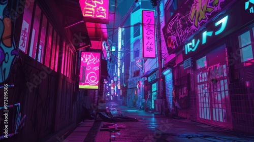 Neon-Lit Back Alley in a Futuristic City
