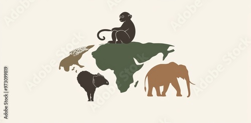 Minimalistic animal logo design featuring elephant, monkey, and cat on a world map