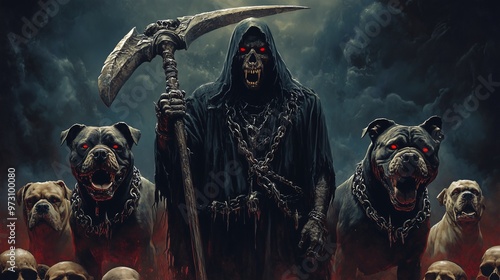 Grim reaper with terrifying looking red eyed pit bulls photo