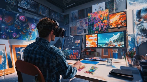 Imagine a cutting-edge digital art studio with advanced graphic tablets, virtual reality painting tools,