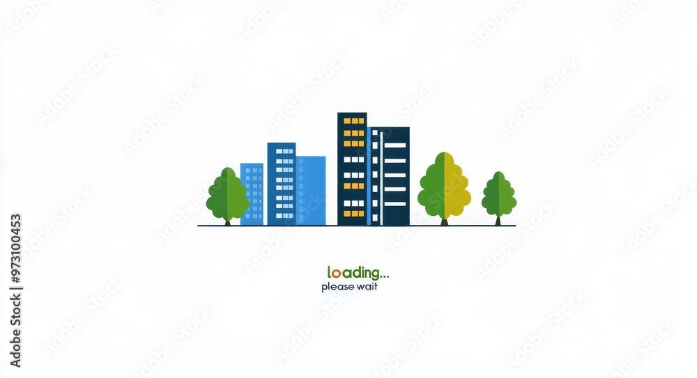 Cityscape with loading text and dollar sign, urban illustration with trees and buildings Cityscape with loading text and dollar sign, urban illustration with trees and buildings
