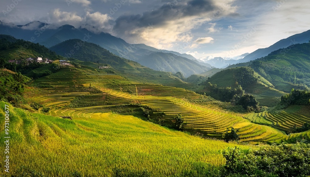 Fototapeta premium Idyllic Rice Paddies and Mountain Scenery in Sapa, Vietnam