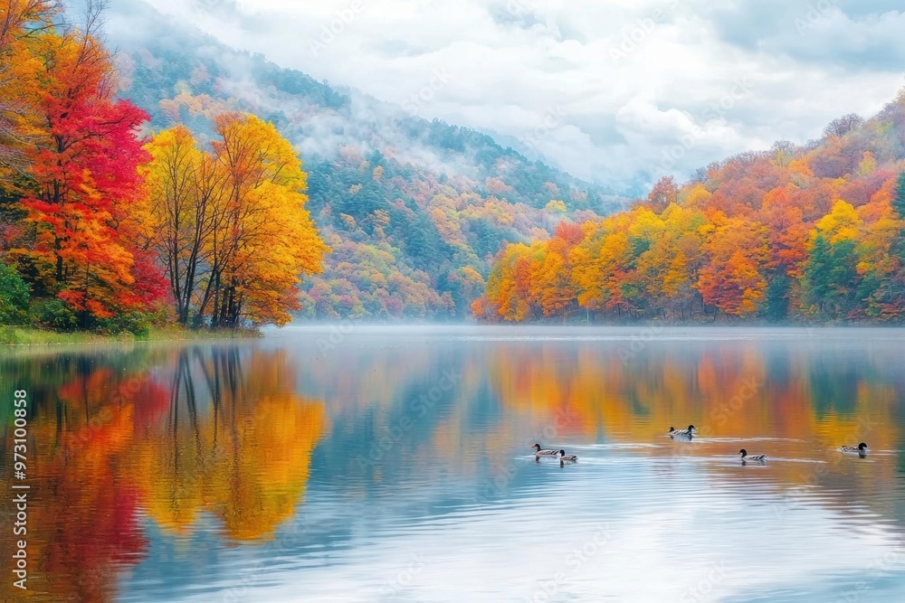 Fototapeta premium A Thanksgiving nature photo of colorful autumn trees reflected in a still lake, with a family of ducks swimming across the water, creating a serene and calming holiday scene