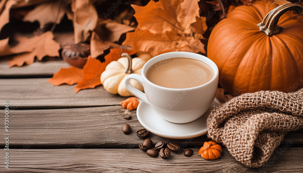Warm beverages with autumnal decorations in the background, featuring Pumpkin Orange, Creamy White, and Espresso Brown tones. A cozy fall setting with rich seasonal colors. Warm beverages with autumnal decorations in the background, featuring Pumpkin Orange, Creamy White, and Espresso Brown tones. A cozy fall setting with rich seasonal colors.