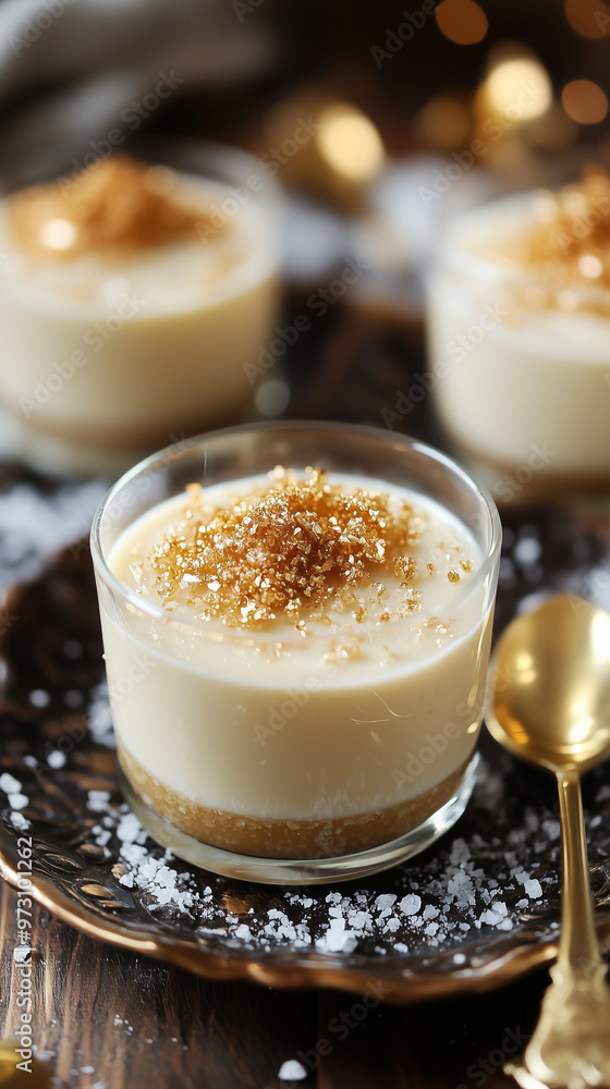 Miso Caramel Panna Cotta with sea salt and edible gold leaf Miso Caramel Panna Cotta with sea salt and edible gold leaf
