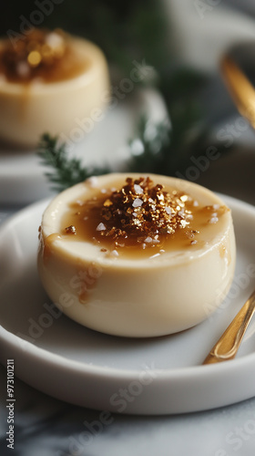 Miso Caramel Panna Cotta with sea salt and edible gold leaf