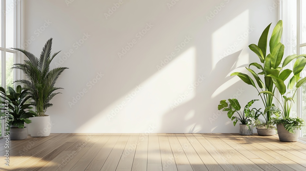 Bright and airy interior with lush plants, wooden floor, and sunlit walls, perfect for a serene and modern aesthetic. Bright and airy interior with lush plants, wooden floor, and sunlit walls, perfect for a serene and modern aesthetic.