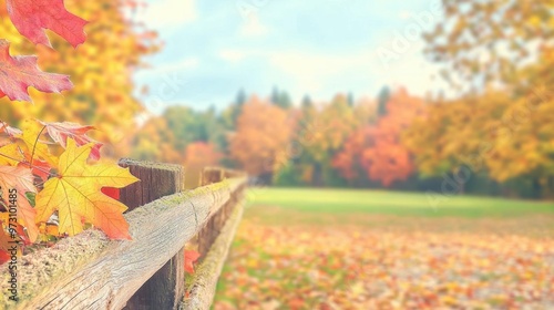 A Thanksgivingthemed photo of vibrant foliage surrounding an old wooden fence, with the warm colors of fall highlighting the rustic charm of the countryside photo