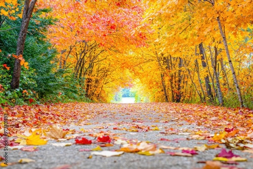 A Thanksgivingthemed photo of a forest path covered in fallen orange and yellow leaves, leading through a tunnel of vibrant fall foliage under a clear, crisp sky photo