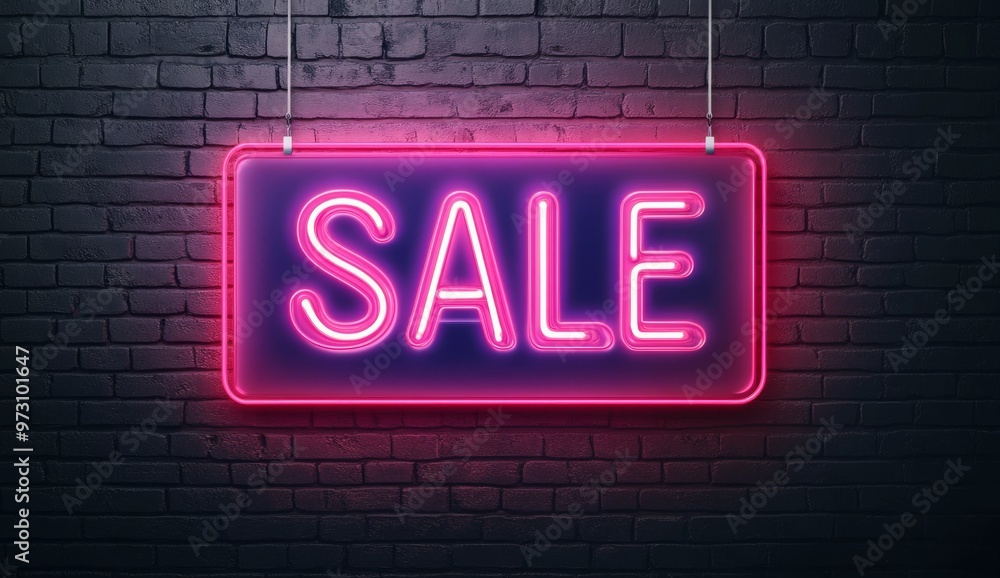 Neon sale sign glowing against a dark brick wall background Neon sale sign glowing against a dark brick wall background