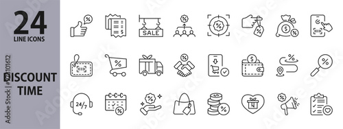 Discount Time line icons set with Price, Gift, Coupon, Delivery, Card, Wallet, Discount and more. Editable Stroke