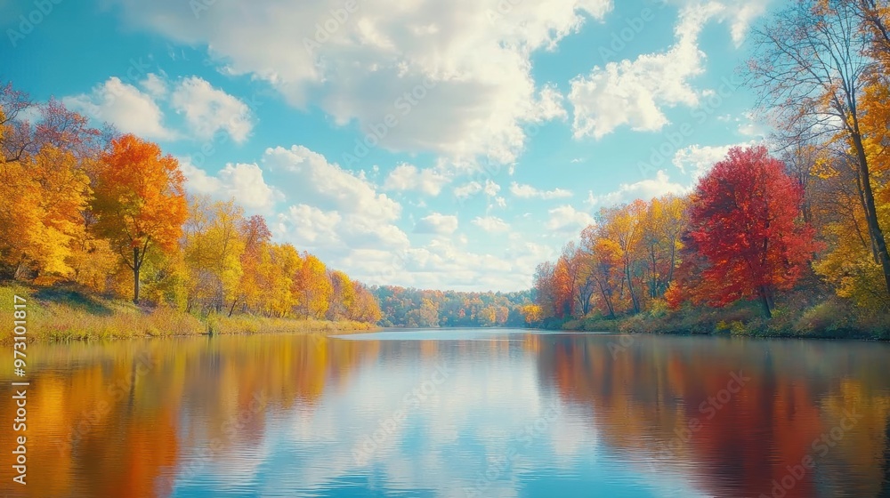 Autumnal landscape with a calm river winding through vibrant fall foliage The golden, red, and orange hues reflect off the water, creating a serene Thanksgiving atmosphere Autumnal landscape with a calm river winding through vibrant fall foliage The golden, red, and orange hues reflect off the water, creating a serene Thanksgiving atmosphere