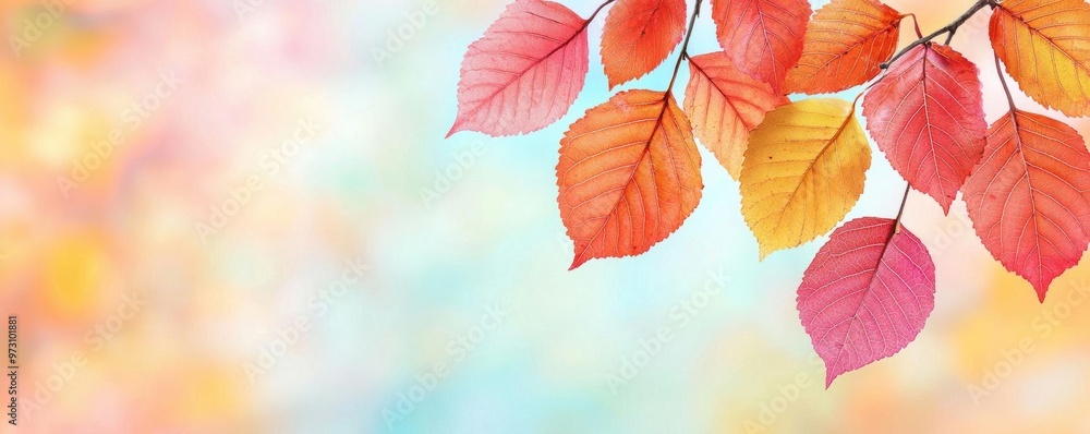 Closeup of vibrant red and orange leaves on a tree branch, with a soft, blurred background of an autumn forest, symbolizing the colors of Thanksgiving Closeup of vibrant red and orange leaves on a tree branch, with a soft, blurred background of an autumn forest, symbolizing the colors of Thanksgiving