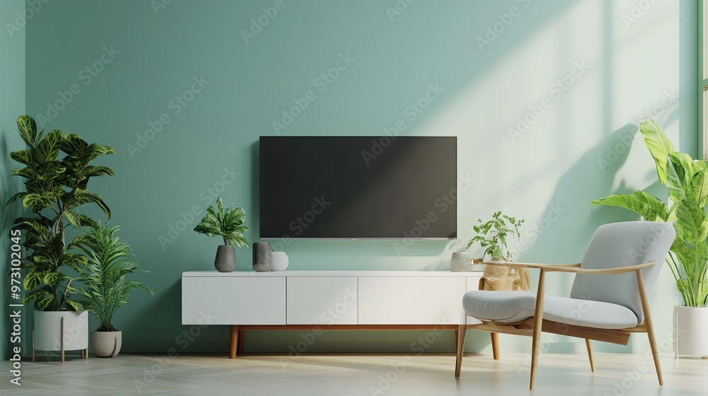 Modern living room with green wall, stylish TV unit, comfy chair, and houseplants for a serene and inviting atmosphere. Modern living room with green wall, stylish TV unit, comfy chair, and houseplants for a serene and inviting atmosphere.