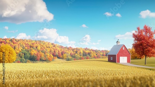Thanksgiving farm with golden cornfields and rustic barns surrounded by colorful fall foliage The warm, harvesttime landscape is ideal for capturing the spirit of Thanksgiving