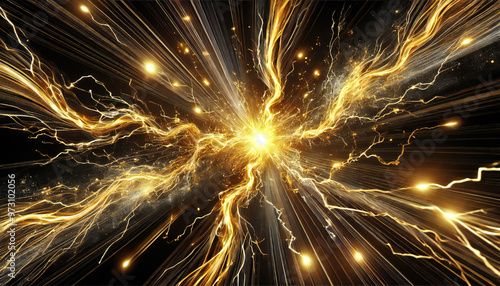 中央から放射する黄金の稲妻. Golden Lightning Radiating from the Center. AI generated.