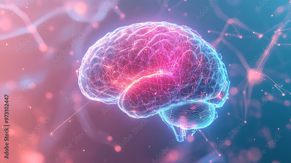 A sharply detailed 3D brain with digital, neon-colored neural connections, prominently displayed against a light, futuristic background A sharply detailed 3D brain with digital, neon-colored neural connections, prominently displayed against a light, futuristic background