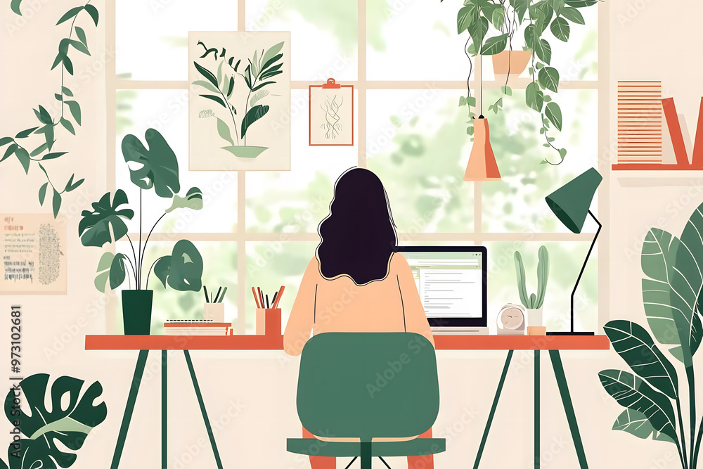 Fototapeta premium Programmer woman working on laptop in home office with a lot of green indoor plants,vector illustration.Work from home and work from anywhere,freelance work concept.