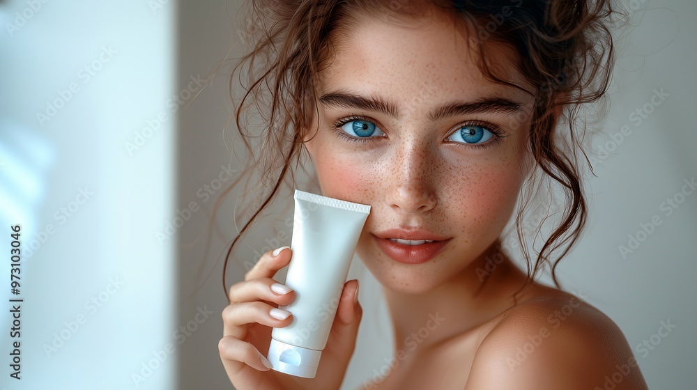 Beautiful girl with blue eyes holds a tube of cream in her hand Beautiful girl with blue eyes holds a tube of cream in her hand