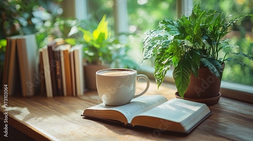 A Cup of Coffee, a Book, and a Plant on a Windowsill