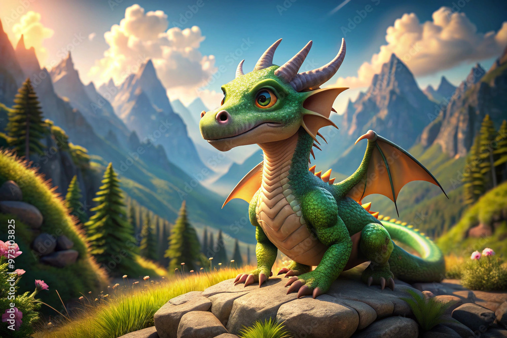 Green Dragon Perched on a Rock in a Mountainous Landscape Green Dragon Perched on a Rock in a Mountainous Landscape