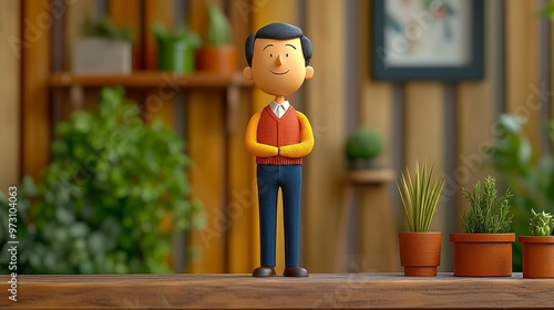 A cheerful cartoon character stands in a vibrant indoor setting filled with plants, showcasing personality and warmth. photo