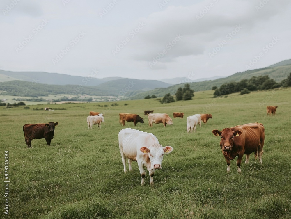 Group of Cattle Grazing on Sustainable Pasture-Based Farm in Open Fields During Daytime for Carnivore Diet Concept Group of Cattle Grazing on Sustainable Pasture-Based Farm in Open Fields During Daytime for Carnivore Diet Concept