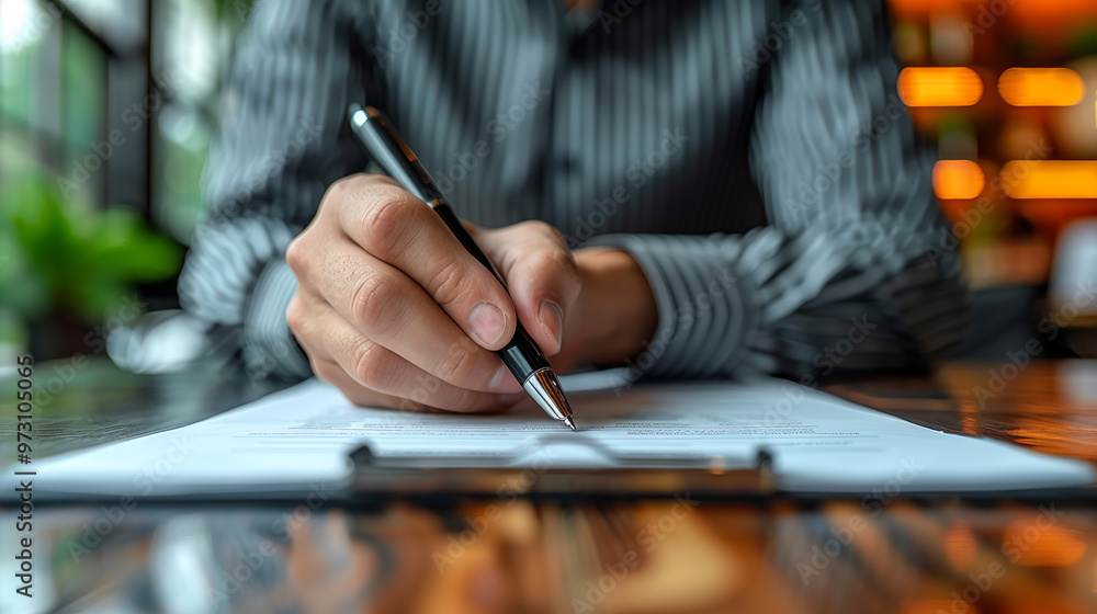 Businessman is signing a contract while sitting at a table in a cafe Businessman is signing a contract while sitting at a table in a cafe