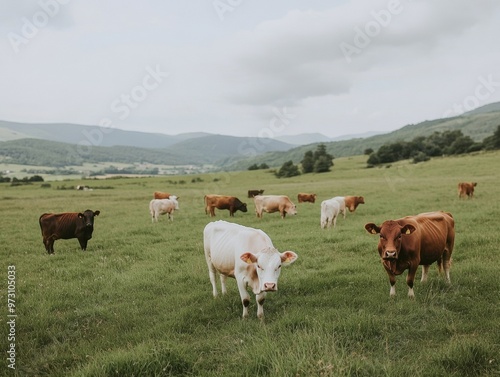 Group of Cattle Grazing on Sustainable Pasture-Based Farm in Open Fields During Daytime for Carnivore Diet Concept