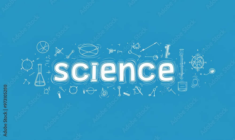 Science banner with blue background and scientific icons surrounding the word science Science banner with blue background and scientific icons surrounding the word science