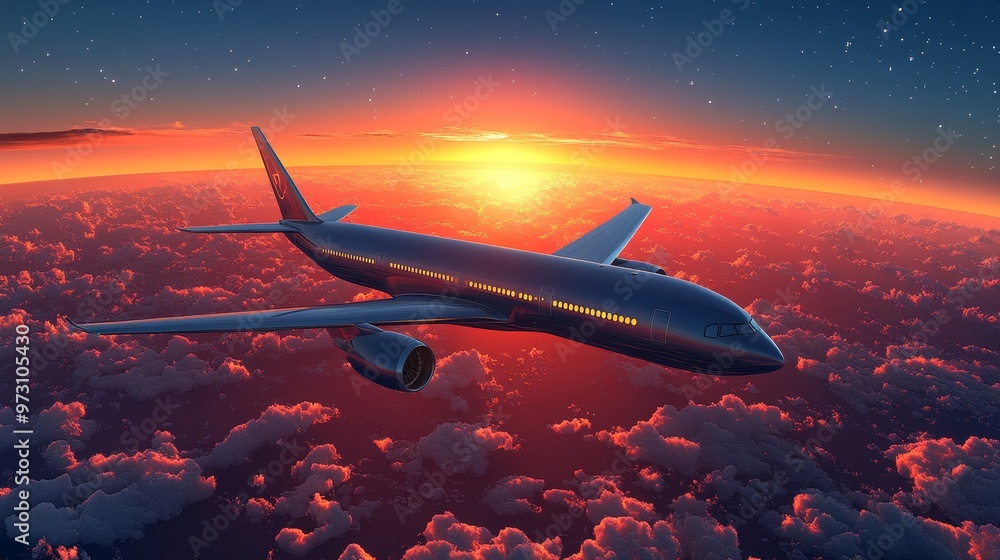 A serene view of an airplane soaring through the sky during a vibrant sunset, showcasing beautiful clouds and colors. A serene view of an airplane soaring through the sky during a vibrant sunset, showcasing beautiful clouds and colors.