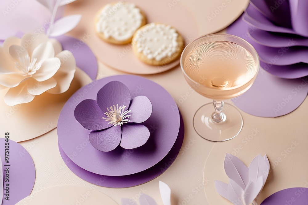 Elegant dessert presentation with cocktail glass on purple and beige backdrop Elegant dessert presentation with cocktail glass on purple and beige backdrop