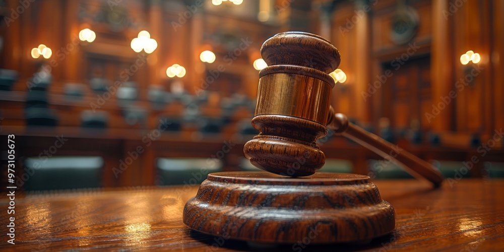 Gavel on a Wooden Table in a Courtroom Gavel on a Wooden Table in a Courtroom