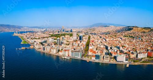 Izmir city centre aerial panoramic view in Turkey photo