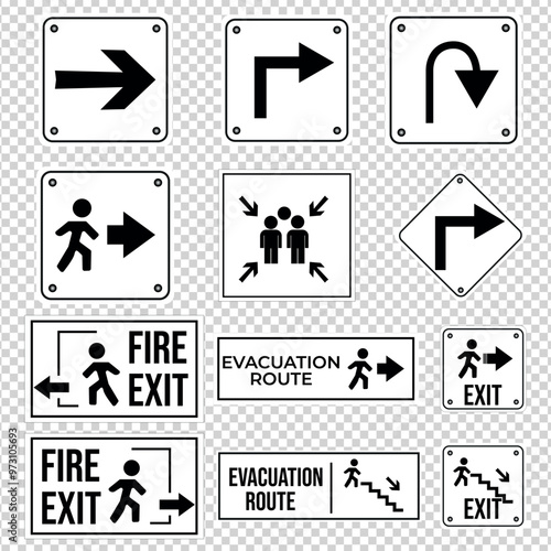 Best Directional sign, Emergency exit sign set. Man running out fire exit. Running man and exit door sign. Escape help evacuation. Safety vector symbol.