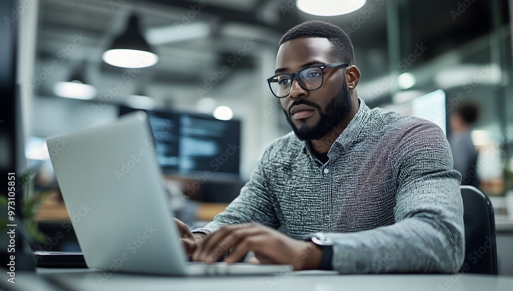 An ambitious Black IT programmer operates a computer in a modern office. Expert in websites, software, apps, and games, he enjoys a stress-free, inclusive work environment. An ambitious Black IT programmer operates a computer in a modern office. Expert in websites, software, apps, and games, he enjoys a stress-free, inclusive work environment.