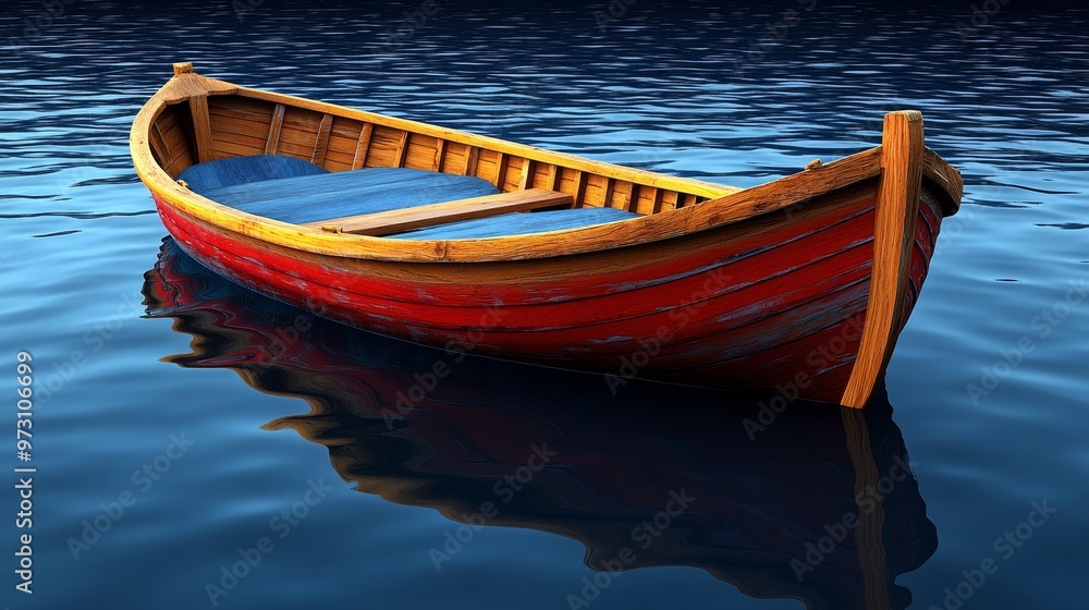 Obraz premium A vibrant wooden boat floating gently on calm water, showcasing its intricate design and rich colors in serene surroundings.